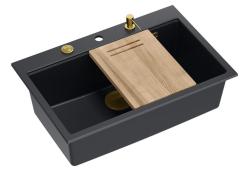 Quadri Hard Rock matne čierne granitové nadstavbové veľké umývadlo 76x50cm vrátane zlatej zátky a príslušenstva 1208967277
