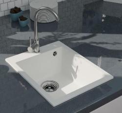 GraniteMy Bremen žulový biely drez 40x50 cm biely montáž na povrch, spodná montáž a montáž na úroveň s otvorom na batériu s nerezovou zátkou 1208967284