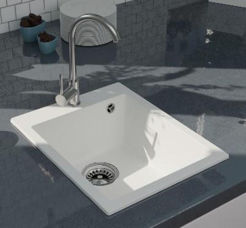 GraniteMy Bremen žulový biely drez 40x50 cm biely montáž na povrch, spodná montáž a montáž na úroveň s otvorom na batériu s nerezovou zátkou 1208967284