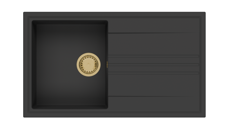 GraniteMy Vesi granitový nástavbový čierny drez 86x50cm s odkvapkávačom, otočný so zlatým zátkou 1208967289