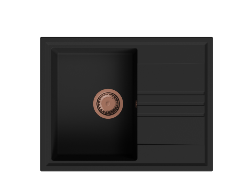 GraniteMy Vesi granitový nástavbový čierny drez 64x50cm s odkvapkávaním, otočný s medenou zátkou 1208967297