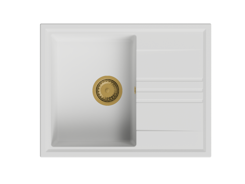 GraniteMy Vesi granitový nástavbový biely drez 64x50cm s odkvapkávačom, otočný so zlatou (kefou mosadzu) zátkou 1208967300