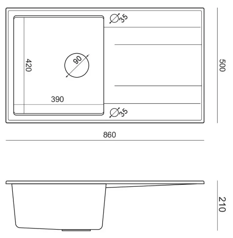 Quadri Luton anthracite granite Inset Kitchen Sink with draining board reversible 86x50cm with copper plug 1208967345