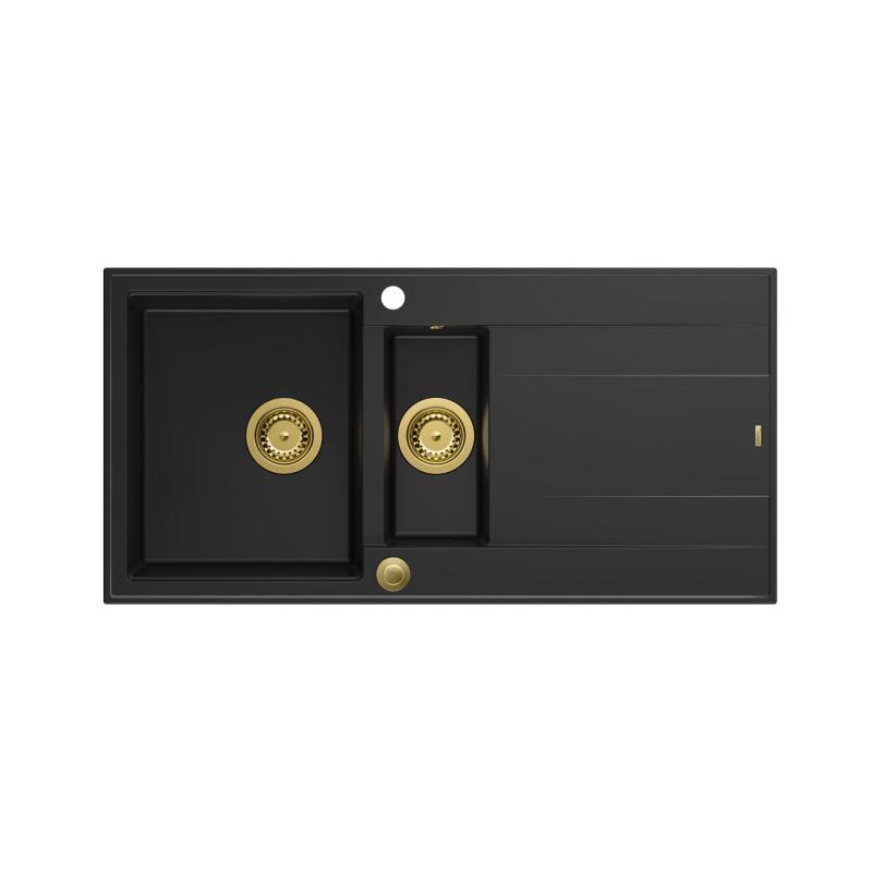Quadri Luton black granite 1.5 Inset Kitchen Sink with draining board reversible 100x50cm with golden plug 1208967346