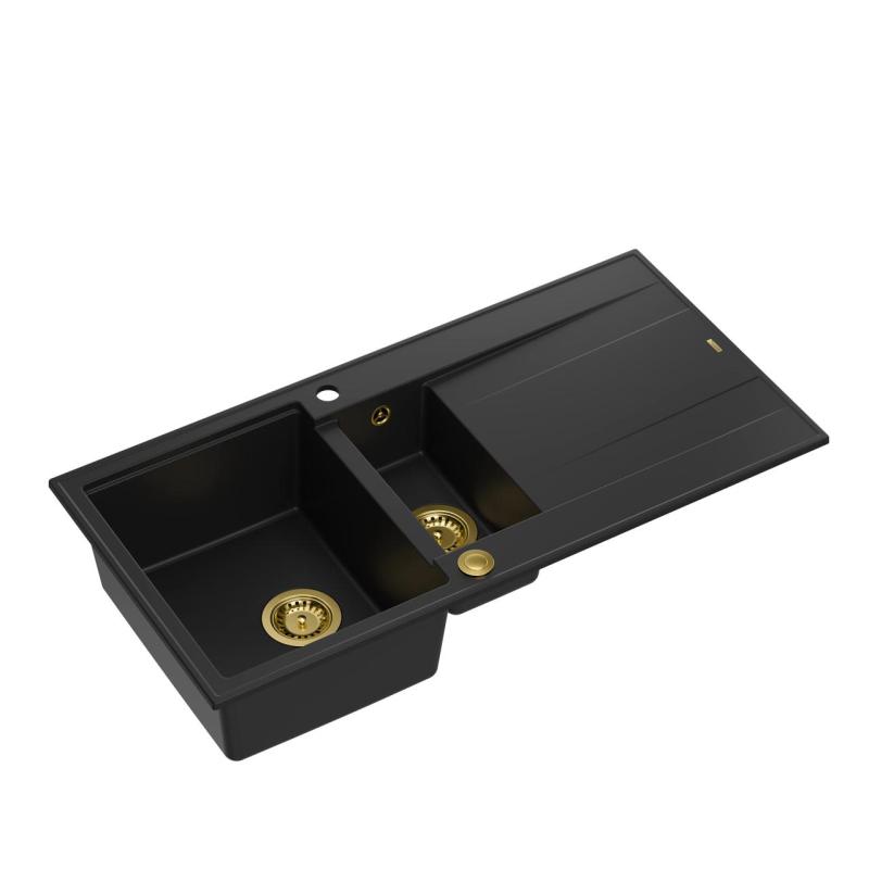 Quadri Luton black granite 1.5 Inset Kitchen Sink with draining board reversible 100x50cm with golden plug 1208967346