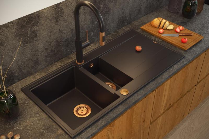 Quadri Luton black granite 1.5 Inset Kitchen Sink with draining board reversible 100x50cm with copper plug 1208967347