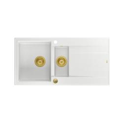 Quadri Luton biely žulový drez s odkvapkávačom, reverzibilný, 1,5 vaničky, 100x50 cm, so zlatou zátkou 1208967348