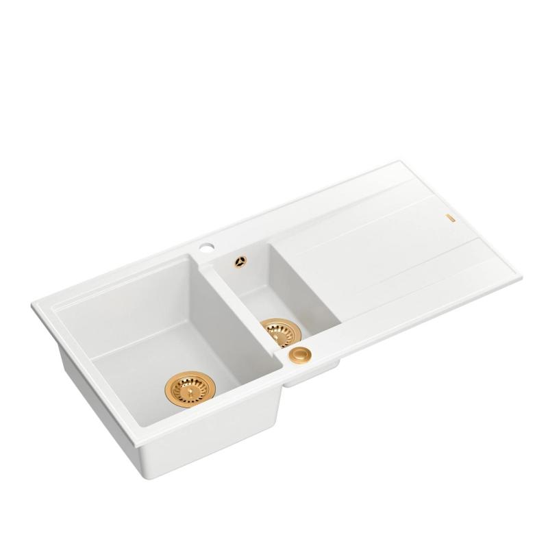 Quadri Luton white granite inset 1.5 kitchen sink with draining board reversible 100x50cm with copper plug 1208967349