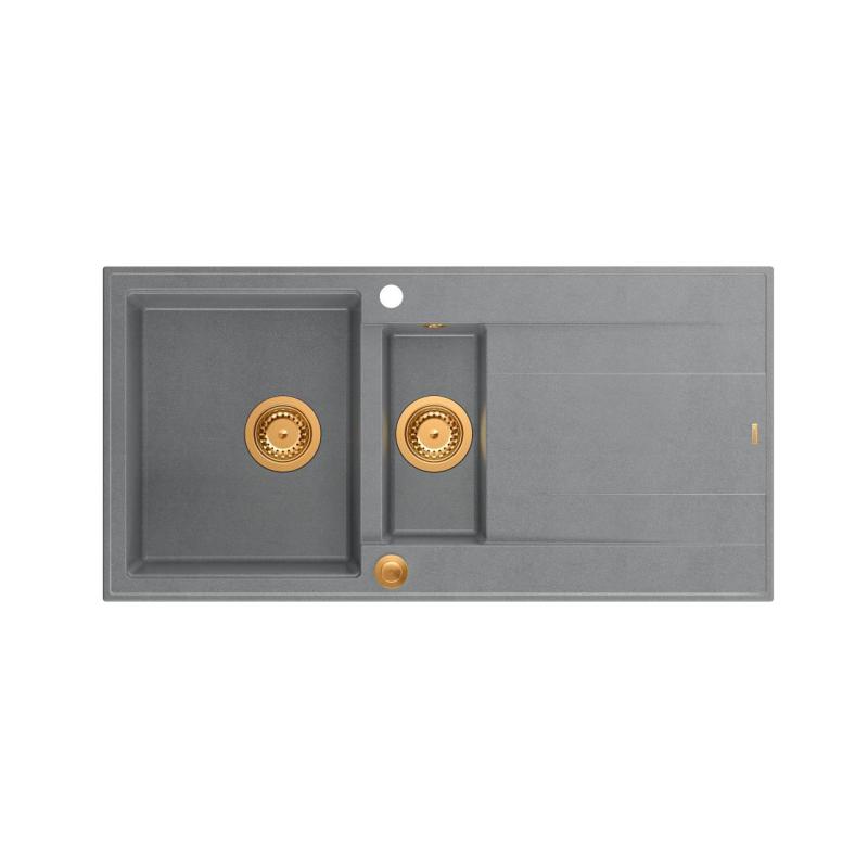 Quadri Luton grey granite inset 1.5 kitchen sink with draining board reversible 100x50cm with copper plug 1208967352