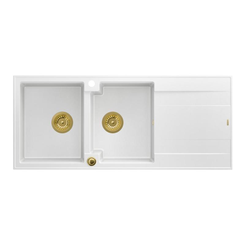 Quadri Luton dvojitý žulový drez biely s odkvapkávacou časťou 116x50 cm so zlatou zátkou 1208967358