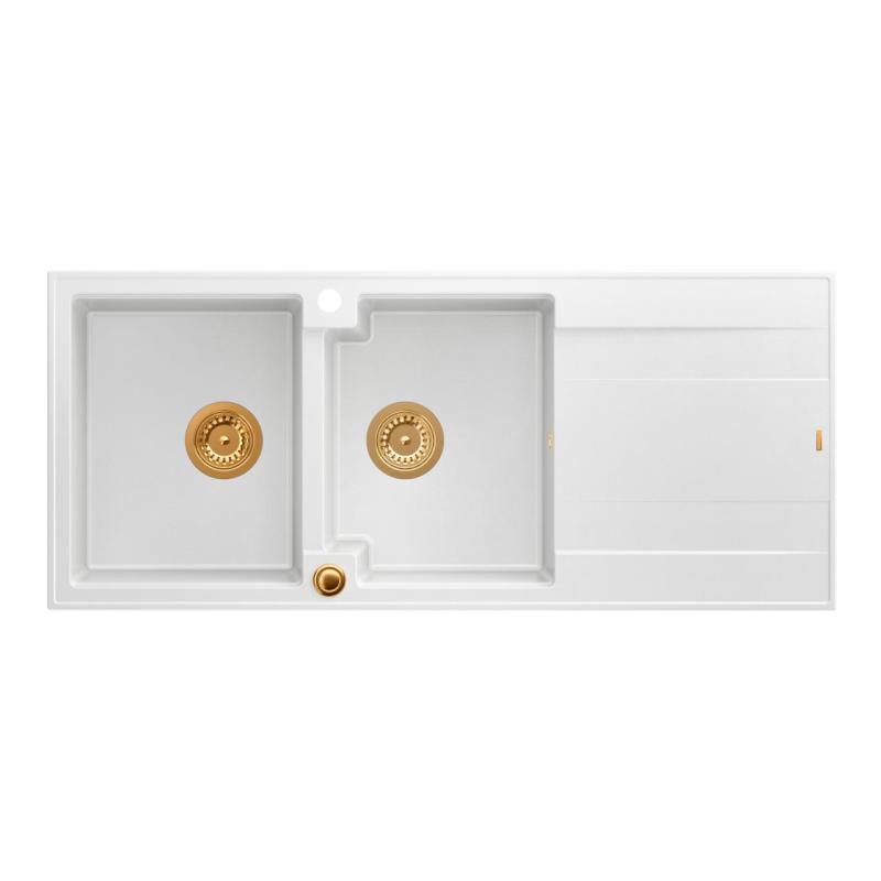 Quadri Luton dvojitý žulový drez biely s odkvapkávacou plochou 116x50 cm s medenou zátkou 1208967359
