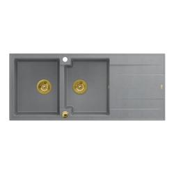 Quadri Luton dvojitý granitový drez šedý s odkvapkávacou plochou 116x50 cm so zlatou zátkou 1208967361