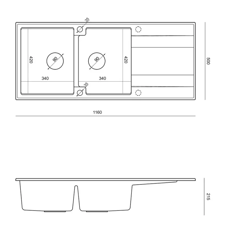 Quadri Luton dvojitý granitový drez šedý s odkvapkávacou plochou 116x50 cm so zlatou zátkou 1208967361