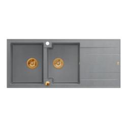 Quadri Luton dvojitý drez z granitu sivý s odkvapkávacou časťou 116x50 cm s medenou zátkou 1208967362