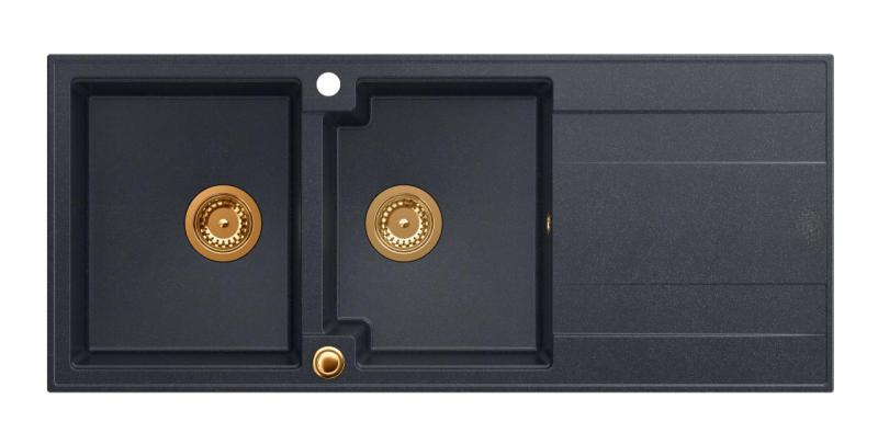 Quadri Luton montáž dvojitého žulového drezu antracit s odkvapkávacou časťou 116x50 cm s medenou zátkou 1208967365