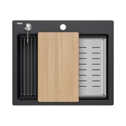 Quadri Durham anthracite granite built-in sink 595x500 with soap dispenser, cutting board, insert sink and roll mat 1208967379