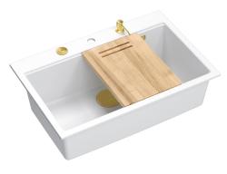 Quadri Hard Rock biela žulová umývadlová doska veľký drez 76x50cm vrátane zlatej zátky a príslušenstva 1208967424