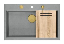 Quadri Hard Rock sivý žulový nadstavbový veľký drez 76x50cm vrátane zlatej zátky a príslušenstva 1208967432