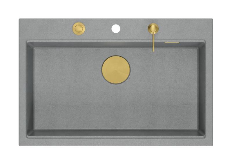 Quadri Hard Rock sivý žulový nadstavbový veľký drez 76x50cm vrátane zlatej zátky a príslušenstva 1208967432
