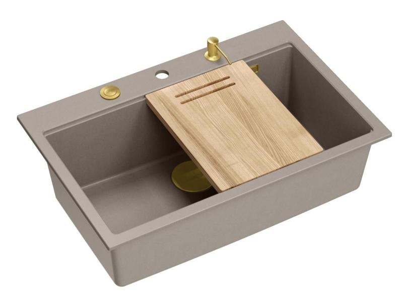 Quadri Hard Rock taupe granitový nadstavbový veľký drez 76x50cm vrátane zlatej zátky a príslušenstva 1208967436