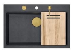 Quadri Hard Rock antracitový granitový nadstavbový veľký drez 76x50 cm vrátane zlatej zátky a príslušenstva 1208967444
