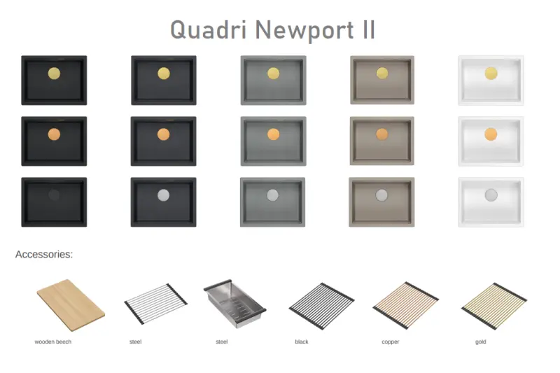 Quadri Newport II žulový spodný antracitový drez 560x450mm s medenou zátkou a odtokovým krytom 1208967461