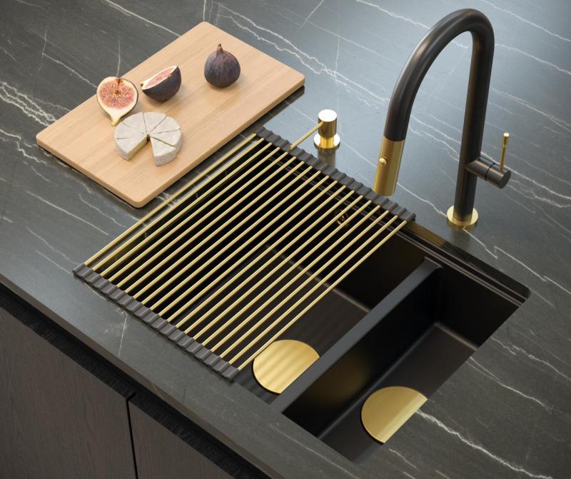Quadri Newport II granite black inset and undermount sink 1,5-bowl  555x460mm with golden manual siphon 1208967464