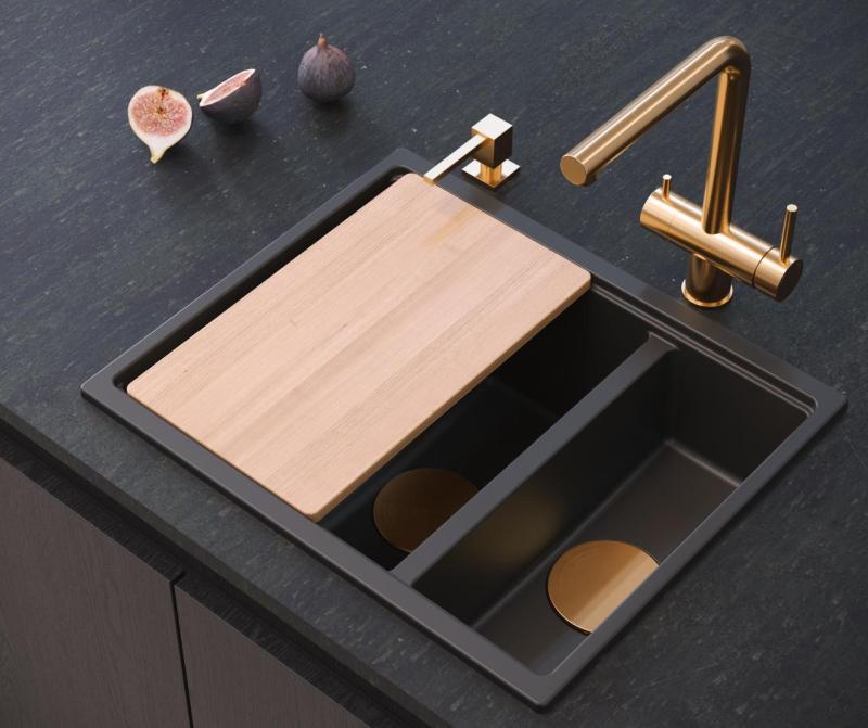 Quadri Newport II granite black inset and undermount sink 1,5-bowl  555x460mm with copper manual siphon 1208967465