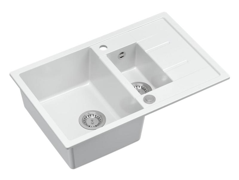Quadri Brenton biely žulový vrchný drez s 1,5 miskou a odkvapkávacou plochou 78x50 cm s nerezovou zátkou 1208967491