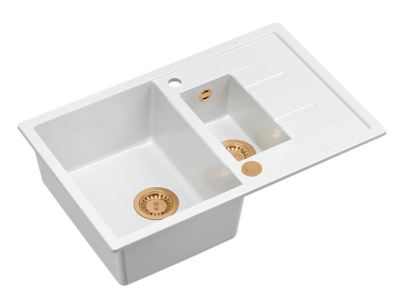 Quadri Brenton biely žulový drez 1,5 vaničky s odkvapkávačom 78x50 cm s medenou zátkou 1208967552