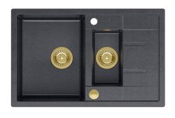 Quadri Brenton antracitový žulový nadstavbový drez s 1,5 vaničkou a odkvapkávačom 78x50cm so zlatou zátkou 1208967557