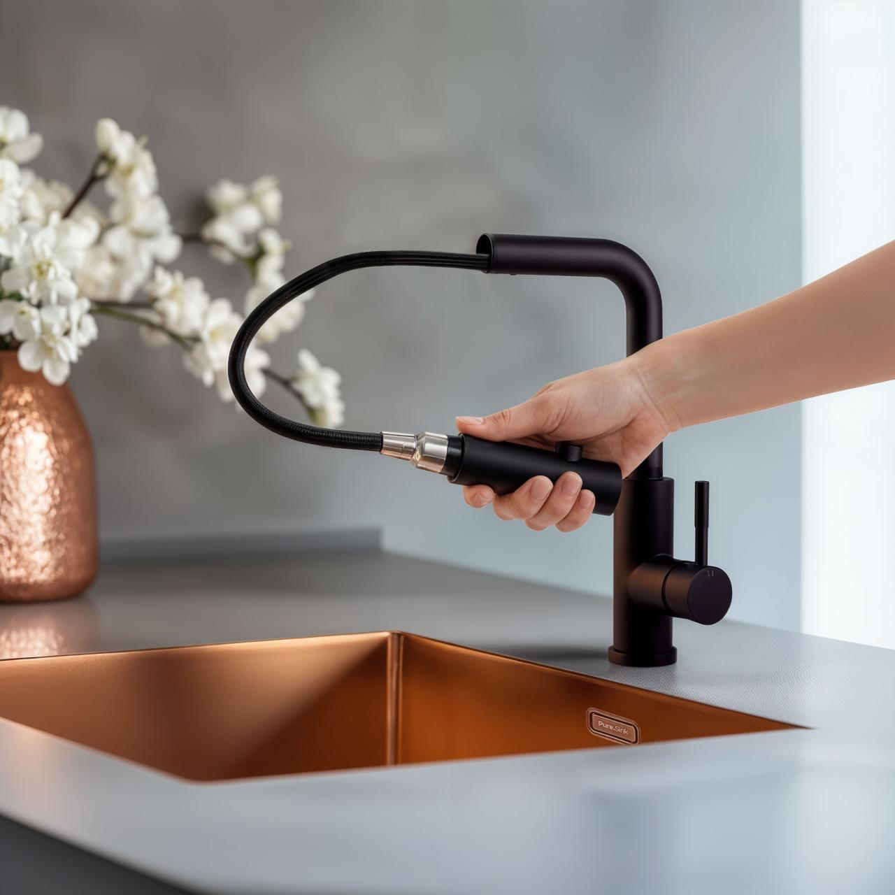 Pure.Sink Elite Steel Spark-S kuchynská batéria matná čierna s výsuvným výtokom PS8041-10