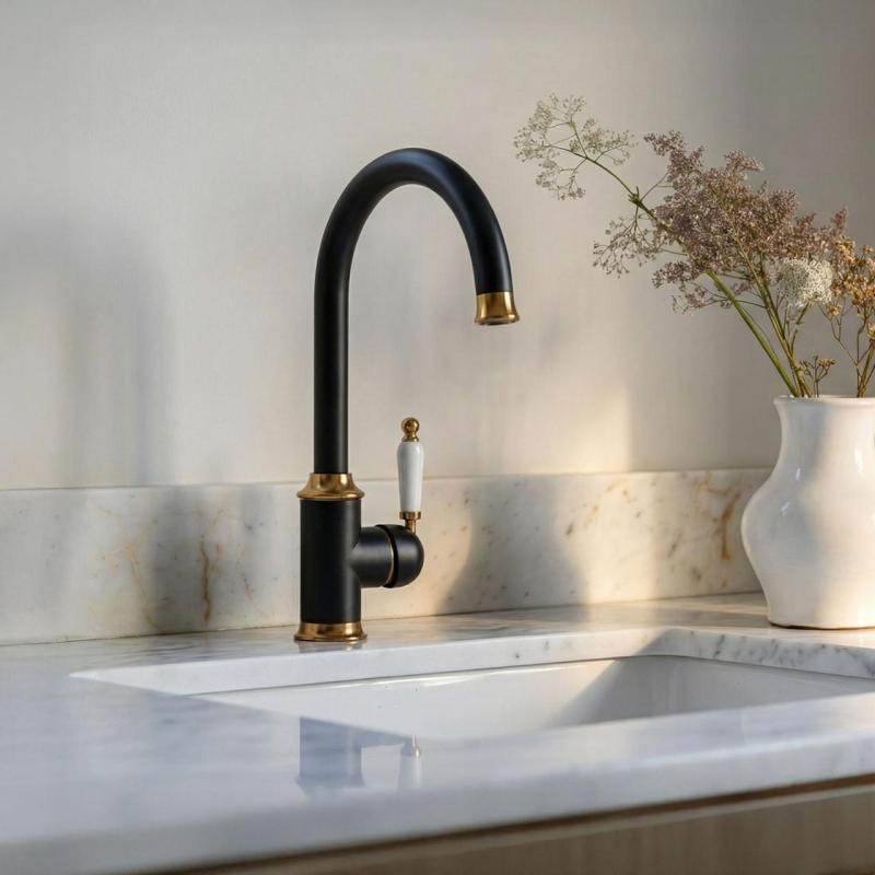 Quadri Workshop Klasický Nostalgický Čierny s PVD Medeným Povrchom Kuchynský Kohútik s Keramickou Rukoväťou 1208967723