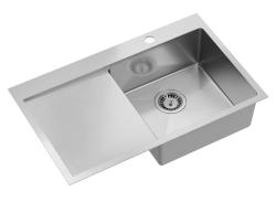 Aquadesign Clara nerezová umývadlo s pravou miskou 78x48cm, montáž s odkvapkávačom, bankou na batériu a nerezovou zátkou - 1208967754