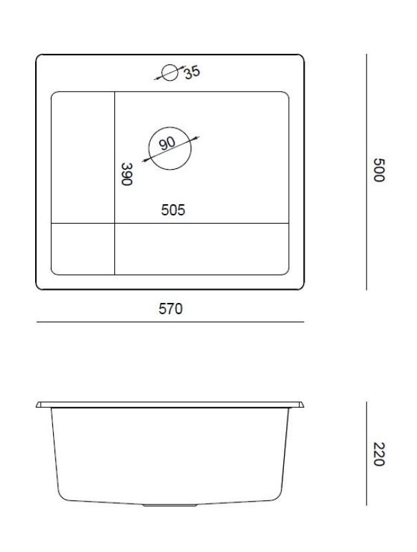 Quadri Sheffield Anthracite Granite Top-mount or Flush-mount Sink 57x50 cm with Faucet Deck and Copper Plug - 1208967814