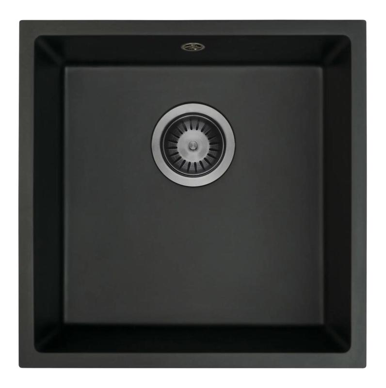 GraniteMy Universal Čierny Granitový Drez 40x40 cm čierny na povrchu, spodnej časti a rovnomerný vstavaný s kovovou zátkou Gun metal 1208967906