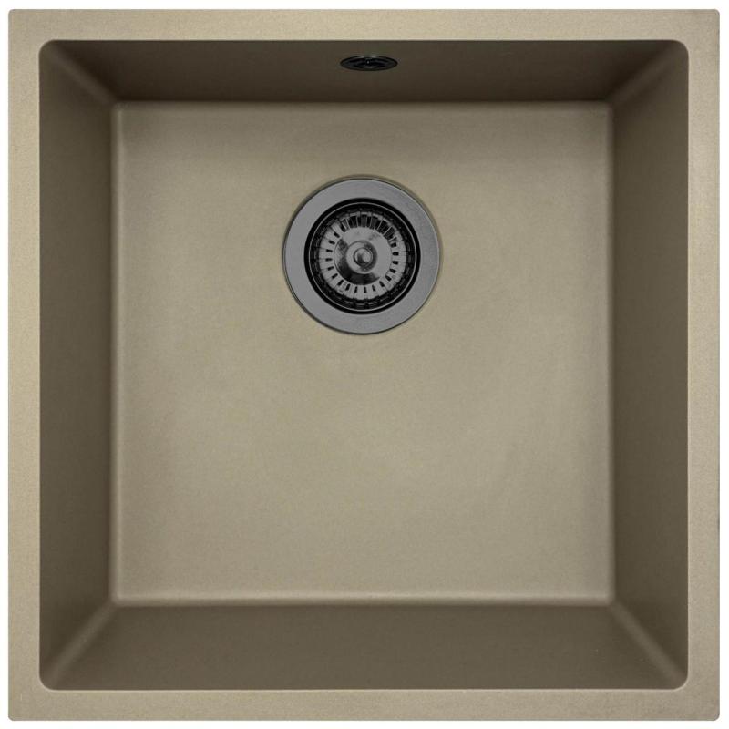 Granitový univerzálny taupe drez GraniteMy 40x40 cm na pracovnú dosku, pod pracovnú dosku a na úroveň s pištoľovokovovým uzáverom - 1208967913