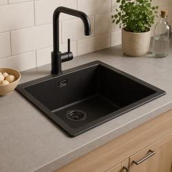 Granitový drez GraniteMy Universal čierny 50x40 cm na pracovnú dosku, pod pracovnú dosku a do roviny s pracovnou doskou s uzáverom v gun metal farbe - 1208967921.