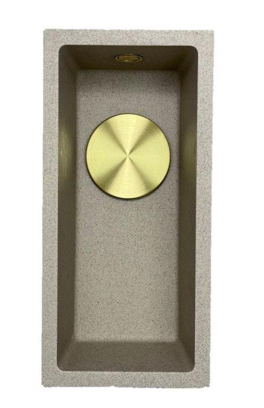 GraniteMy Universal žulový béžový pieskový malý umývadlo 17x40 cm na vrchnú, spodnú a rovnú montáž so zlatou zátkou 1208968003