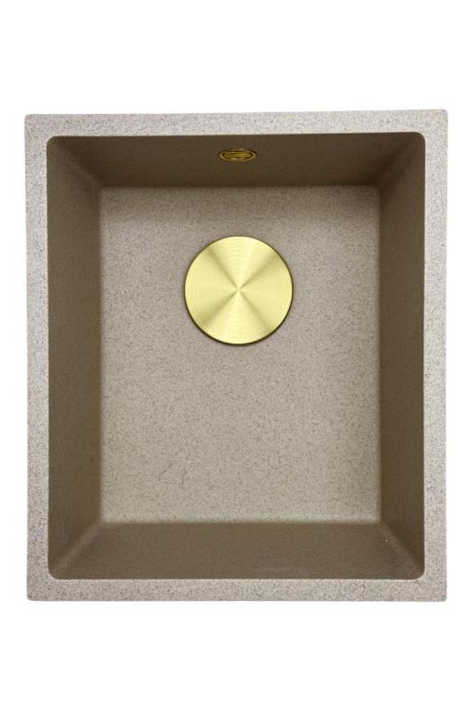 GraniteMy Universal granitový béžový pieskový drez 34x40 cm na montáž, podstavbu a rovnú montáž so zlatou zástrčkou 1208968008