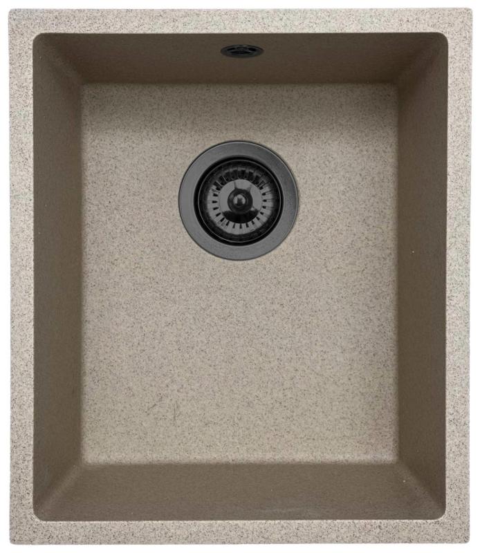 GraniteMy Universal granitový béžový pieskový drez 34x40 cm pre montáž na povrch, pod povrch a rovný povrch s kovovou zátkou v odtieni gun metal 1208968011