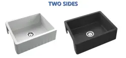 GraniteMy Tradičný vidiecky drez - 2-stranný granitový drez 60x48 cm Biela spodná montáž s koncovkou Gun metal 1208968028