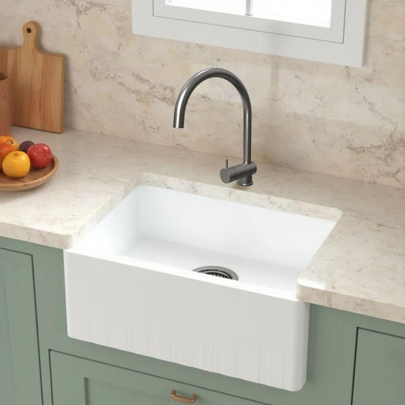 GraniteMy Tradičný vidiecky drez - 2-stranný granitový drez 60x48 cm Biela spodná montáž s koncovkou Gun metal 1208968028