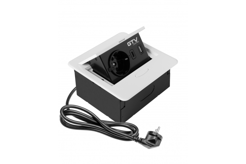 AVARO Zapustená nábytková zásuvka, 1x Schuko zásuvka, USB A+C, 1,5m Kábel, Biela