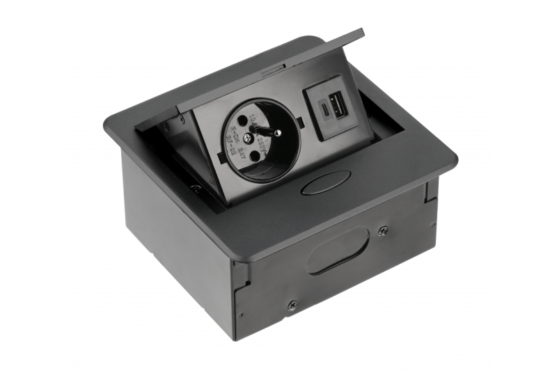AVARO zapustená nábytková zásuvka, 1x francúzska zásuvka, USB A+C, 1,5m kábel, čierna