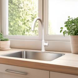 Waterevolution Flow kuchynská batéria s okrúhlym otočným výtokom biela T158UBR.