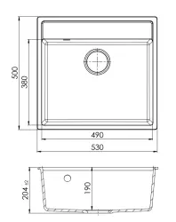 GraniteMy Bremen Granitový drez 53x50 cm Čierny – Nadstavba, Podstavba a Rovná inštalácia s dierou pre kohútika a Gun metal zátkou 1208969971