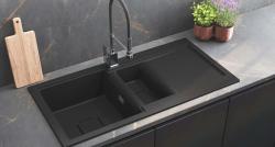 GranitMy Zafiri Čierny Granitový Nadstavbový 1,5 Drez 100x50 cm s Odkvapkávacou Plochou, Otočný, s Čiernym Štvorcovým Krytom Odtoku 1208969998