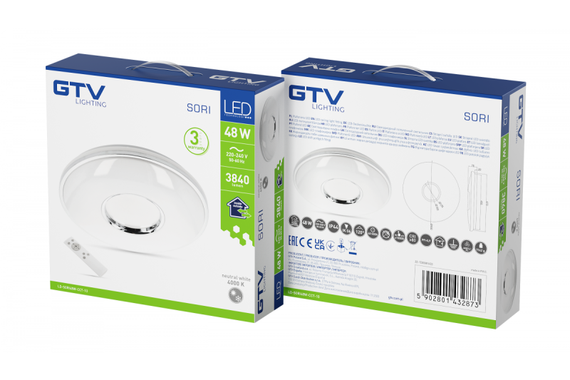 SORI LED stropná lampa, Ø490mm, CCT, 48W, 3840lm, AC180-250V, 50/60 Hz, PF>0,9, IP54, diaľkové ovládanie, biela, 3 roky záruky.