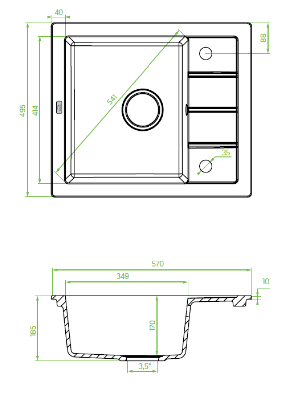 Akvadizajn Somerset Žulový Nadstavbový Drez Antracit s malou Odkvapovou časťou 570 x 495 mm 1208970084